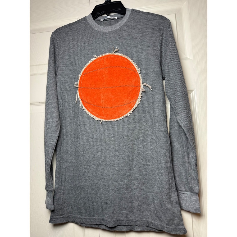 Lost Petal Linens Womens Small Grey Waffle Knit Thermal Long Sleeve Orange Patch